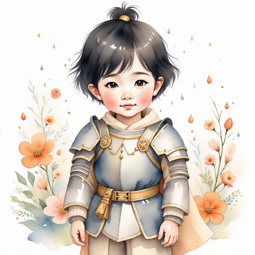 Sir Liang - who is a boy - stands quietly, head bowed, with raindrops starting to fall. In the background, raindrops patter on bright flowers.