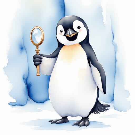 The penguin standing proudly, holding a tiny magnifying glass In the background is a tall wall of packed snow