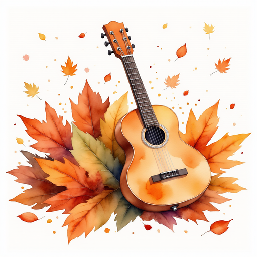 A tiny leaf-made guitar lying next to a pile of colorful autumn leaves. In the background, scattered fallen leaves cover the forest floor.