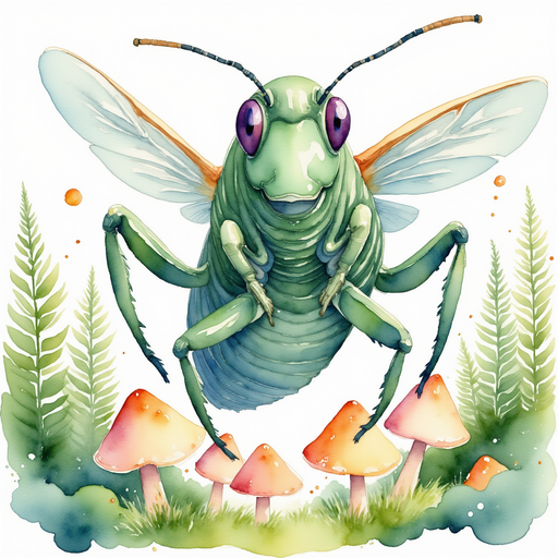 Buzzywhirl peers at a patch of glowing mushrooms, holding a small, whirring device. In the background, towering ferns curve over the forest floor.