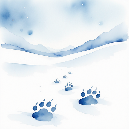 Deep paw prints pressed into a stretch of fresh snow. In the background, gentle white hills
