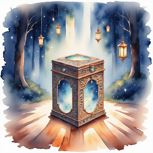 A tall, glittering puzzle box stands on the floor. In the background, flickering lanterns cast tiny shadows