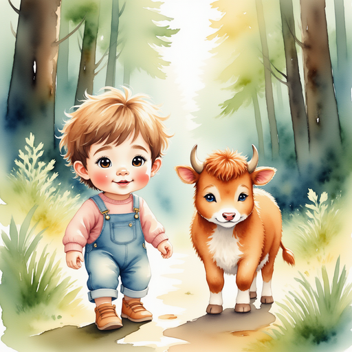 LeRoy and Clover cautiously entering the shadows of the Whispering Woods. In the background, towering trees and shafts of sunlight.