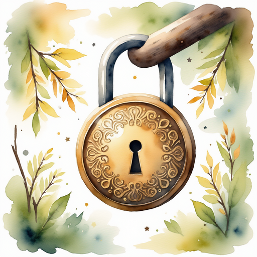 Paint the gleaming lock with swirling designs carved into the metal. In the background, morning sunlight filters through the branches.