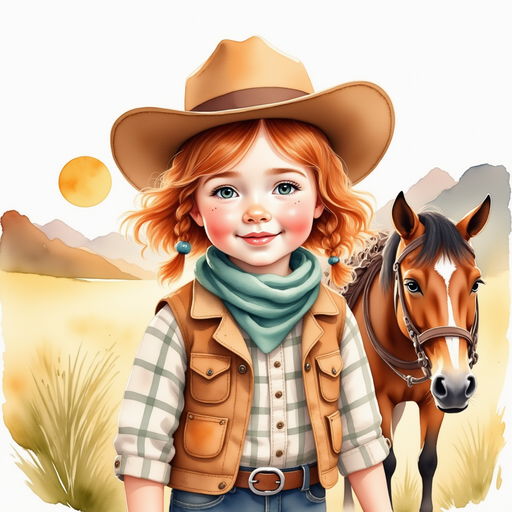 Calamity Kate standing beside her horse with a hopeful smile In the background, the sun rises over gentle hills