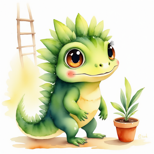 Blossom Sprout stands by a small potted flower, smiling. In the background, the wooden ladder