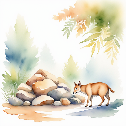 Display a large pile of shiny rocks on the path as animals carefully step around it. In the background, pastel-colored leaves form a gentle canopy.