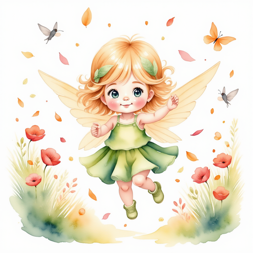Bunniella, with her cotton-candy tail and floppy ears, joyfully hides an enchanted egg sprouting flowers. In the background, chibi fairies flit among flower-adorned tiny cottages.