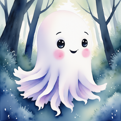Glimmer Puff smiles softly while looking around at the dim light under the tall trees. In the background, faint sunbeams twinkle through leafy branches