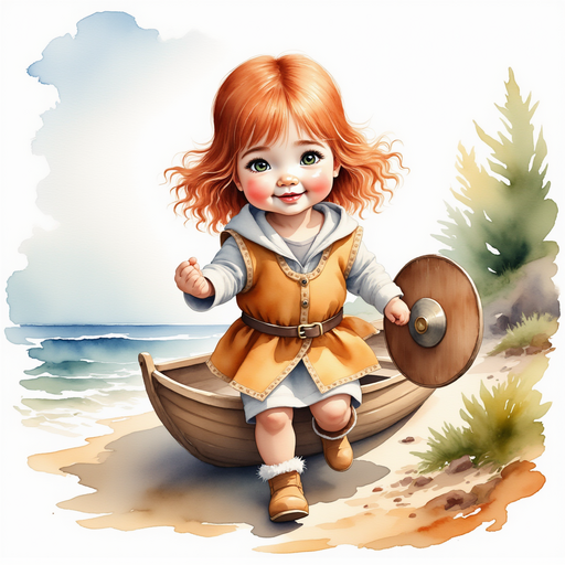 Portray Bolda the Bright stepping into a small wooden boat, ready to push off the shore. In the background, gentle waves lap at the rocky edge.