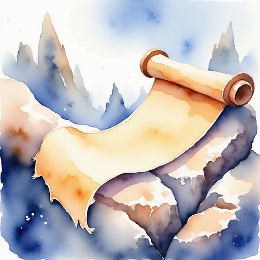 The shimmering scroll rests on the large, shiny rock, edges flapping in the breeze. In the background, wispy clouds curl around jagged rock spires.