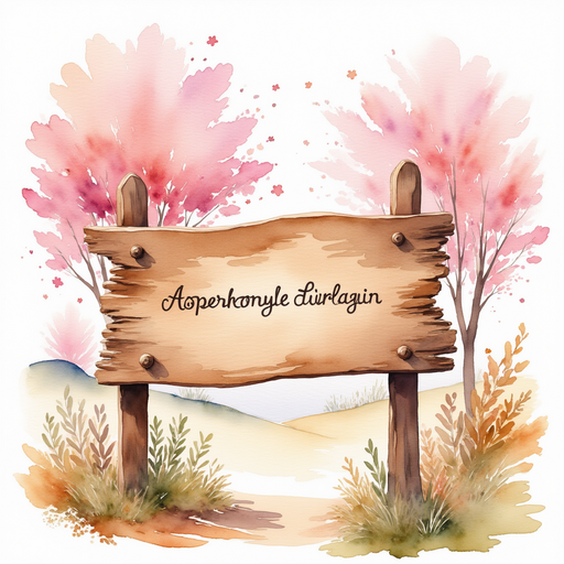 A large wooden sign with an ancient unknown language written on it. In the background a few pink blooming trees