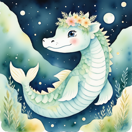 Nessie Sparkles glides near large glowing boulders, looking around curiously. In the background, mossy stones glisten in the faint moonlight.
