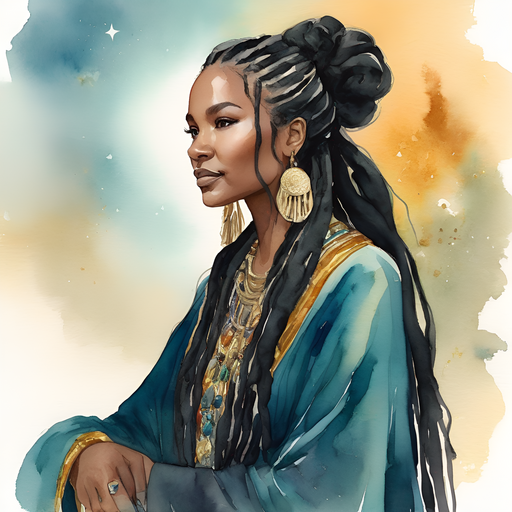 Sibylline as a young woman with long dark dreadlocks pinned into a tribal bun heavy make-up and tribal jewelry wearing a cosmic royal gold and black majestic robe cosmic grand high oracle royal kingdom.