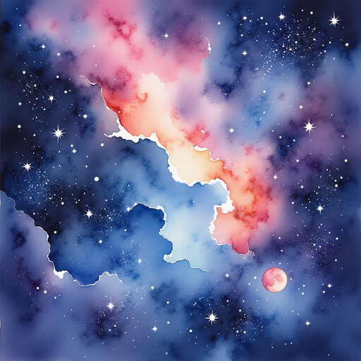 The swirling rainbow nebula shimmers above glowing stars. In the background, endless night sky.