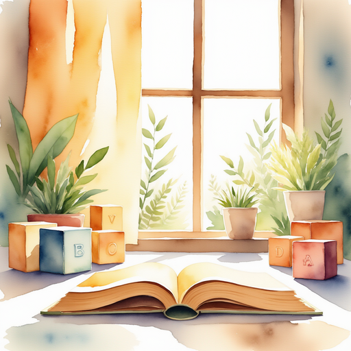 Focus on a golden storybook peeking out from under toy blocks. In the background, a wide window lets sunshine pour in.