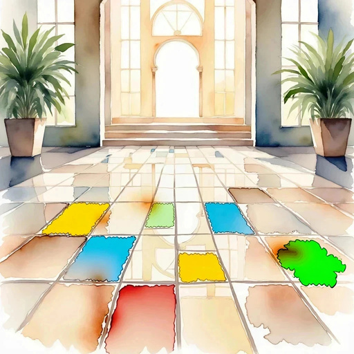 A smooth floor of patterned tiles, each fitted in a symmetrical arrangement. In the background, shining lights reflect upon the polished surface.