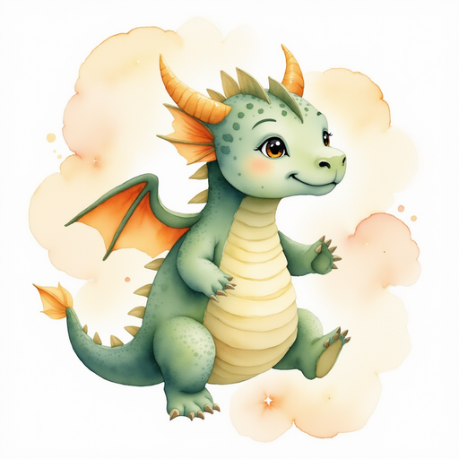 Ember Flare, with her tiny dragon horns, hovers gently. In the background, puffy clouds swirl.