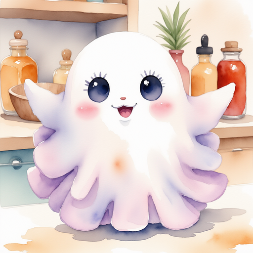 Glimmer Puff hovers near a table filled with empty bowls. In the background, the cozy kitchen is lined with shelves of spices