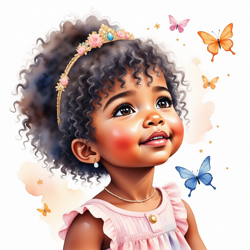 Princess Zoombella - who is black - looks up as butterflies flutter away. In the background are soft, puffy clouds.