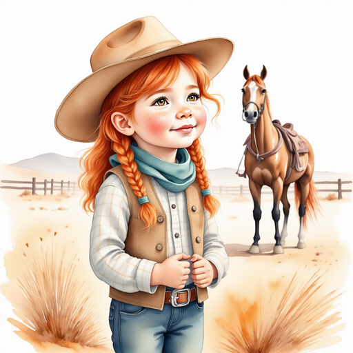 Calamity Kate stands beside her horse, Star, gripping the reins as she looks at the dry land. In the background, sparse desert bushes and a wooden fence.