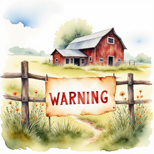 A torn poster flaps that says "Warning" flaps against the fence. In the background, a weathered barn stands near endless fields of wildflowers
