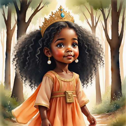 Queen Neena gazing up at tall trees with arching branches. In the background, large trunks packed closely together