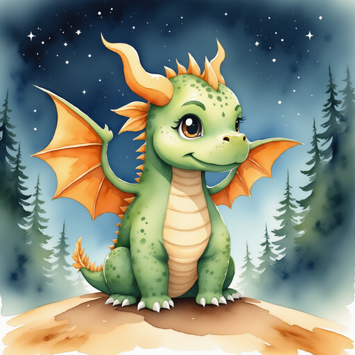 Ember Flare takes a deep breath, wings partly unfurled, looking down the dry riverbed. In the background silhouettes of tall pine trees against the night sky