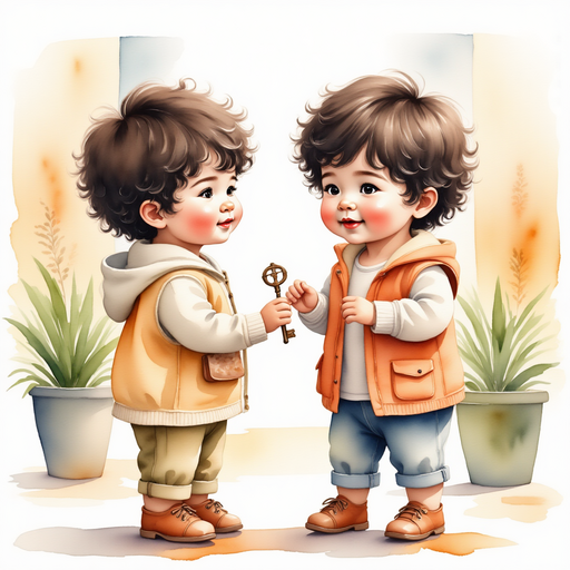 Elliot holding the ornate key, playing a sweet melody to get Max’s attention on the patio. In the background, the patio is framed by garden plants softly illuminated by evening light.
