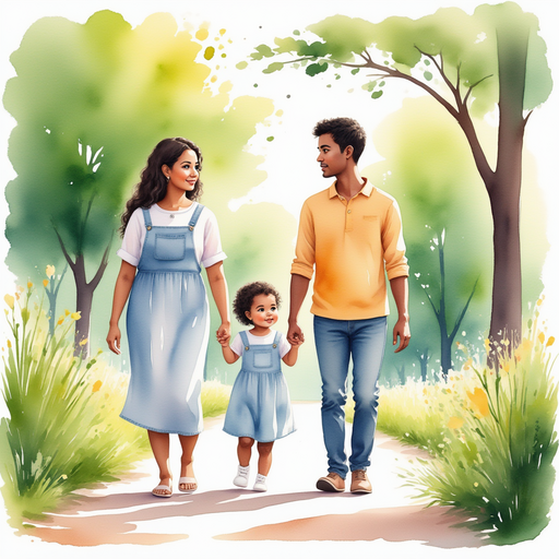 Ava and her parents walking in the park.