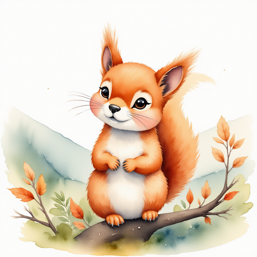 Charlie the squirrel perched on the tallest branch of the Whispering Tree, sketching with wide, curious eyes. In the background, rolling hills and misty peaks under a clear sky.