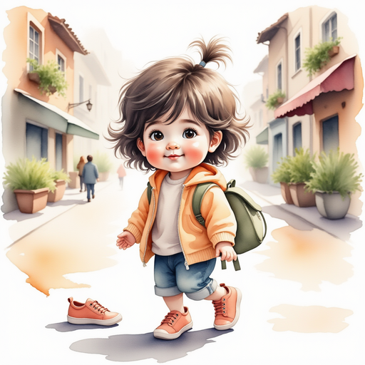 Illustrate a single, gleaming sneaker lying in the middle of a sidewalk path. In the background, a bustling town square.