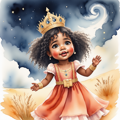 Show Queen Neena staring at the twisting funnel cloud sounding awestruck. In the background, dark clouds churning above a wide plain