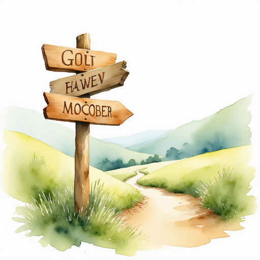 A tall wooden signpost with shimmering letters. In the background, rolling hills