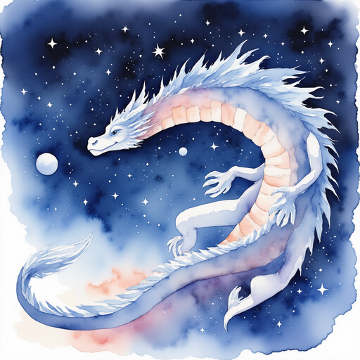 A mighty dragon constellation sparkles, its long tail looping across the sky. In the background, distant stars shimmer faintly.