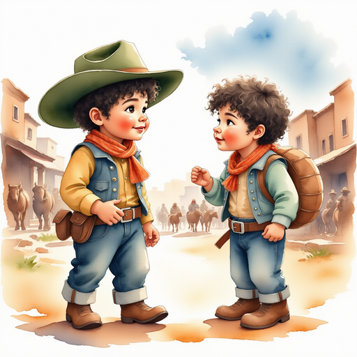 Cactus Cody speaks with a rugged merchant holding a pack of goods. In the background, wagons and townspeople bustle about