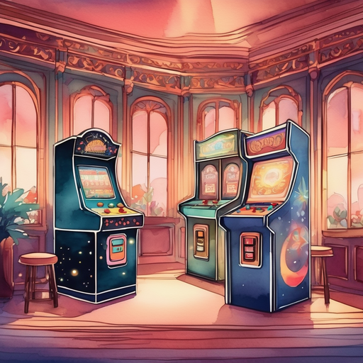 Enchanting arcade machines in a spellbinding, illuminated room.