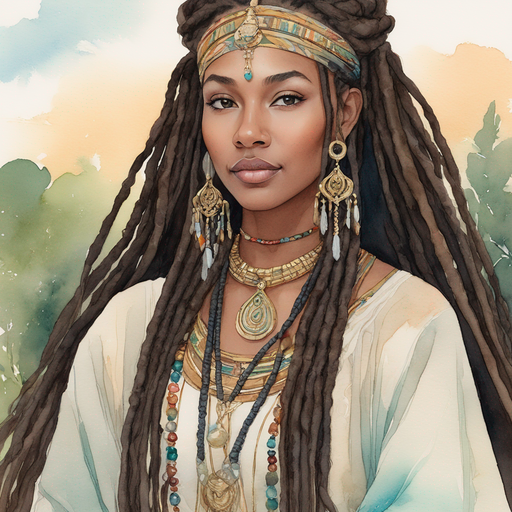 Ahgaddes close-up portrait long dark brown dreadlocks half up half down style heavy makeup tribal royal majestic robe tribal jewelry glowing in ethereal landscape with tarot cards floating in the air