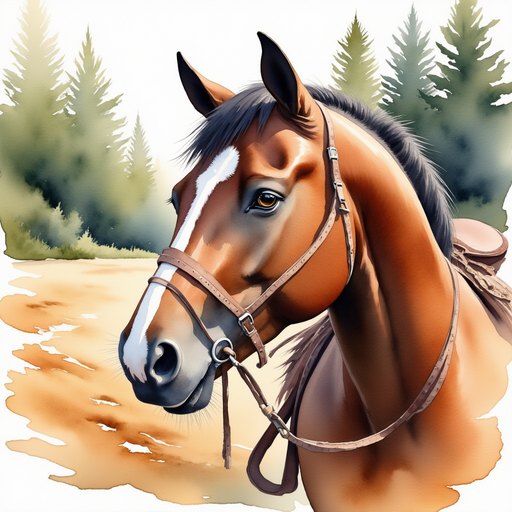 Battered saddle loops and reins resting on a sturdy horse, glinting in the sunlight. In the background dusty plains meet the edge of a pine forest