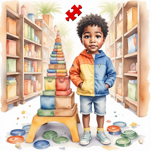 AriYah stands tall beside a partially assembled tower of cardboard and bottle caps. In the background, rows of tall cabinets and art supplies line the walls.