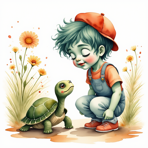 Zigzag Zander kneeling beside the wise turtle, listening carefully to his advice. In the background, wilted flowers bending under the sun.