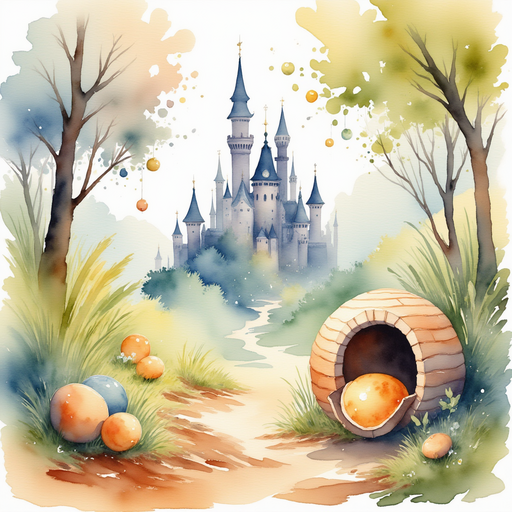 A shiny ball rests on the ground near a broken hive piece. In the background stands the tall, colorful castle.
