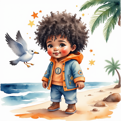 Zippy Zapata talking to Mr. Seagull on a windy shore. In the background, swirling gusts make the palm trees sway.