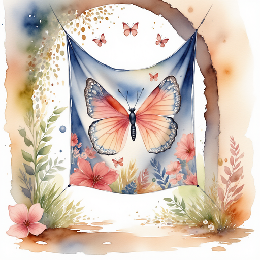 A colorful tapestry hangs from a broken wall, decorated with shimmering butterfly designs In the background, scattered leaves across the floor