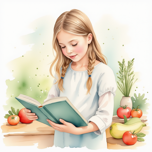 Vivian reading a book about nutrition, with images of various vegetables around her.