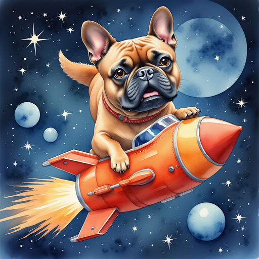 A caramel french bulldog in his spaceship, blasting off into the night sky.