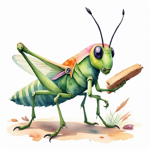 Buzzywhirl examines scrap materials, holding a wooden plank. In the background, bits of metal and sticks are scattered