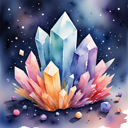 Rainbow-tinted crystal cluster resting in the middle of the cave floor. In the background, drifting motes of dust shine in the colorful light