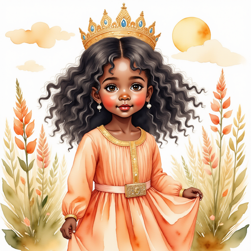 Show Queen Neena strolling among tall blooms, smiling at them. In the background, warm sunshine and soft clouds