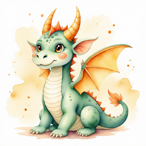 Ember Flare, a small dragon, flapping bright wings In the background, puffy clouds swirl